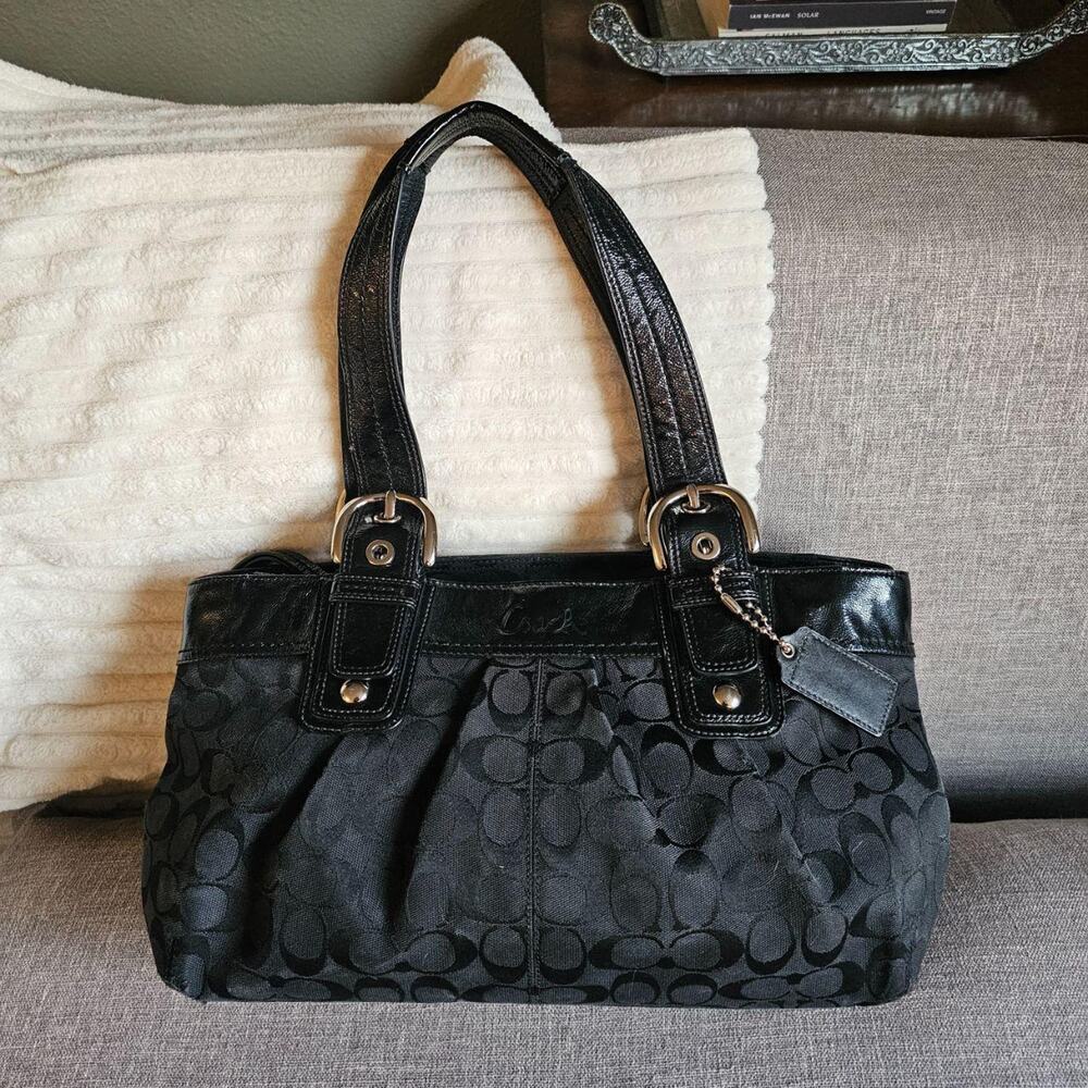 Coach Signature Soho Monogram Pleated Black East West Tote